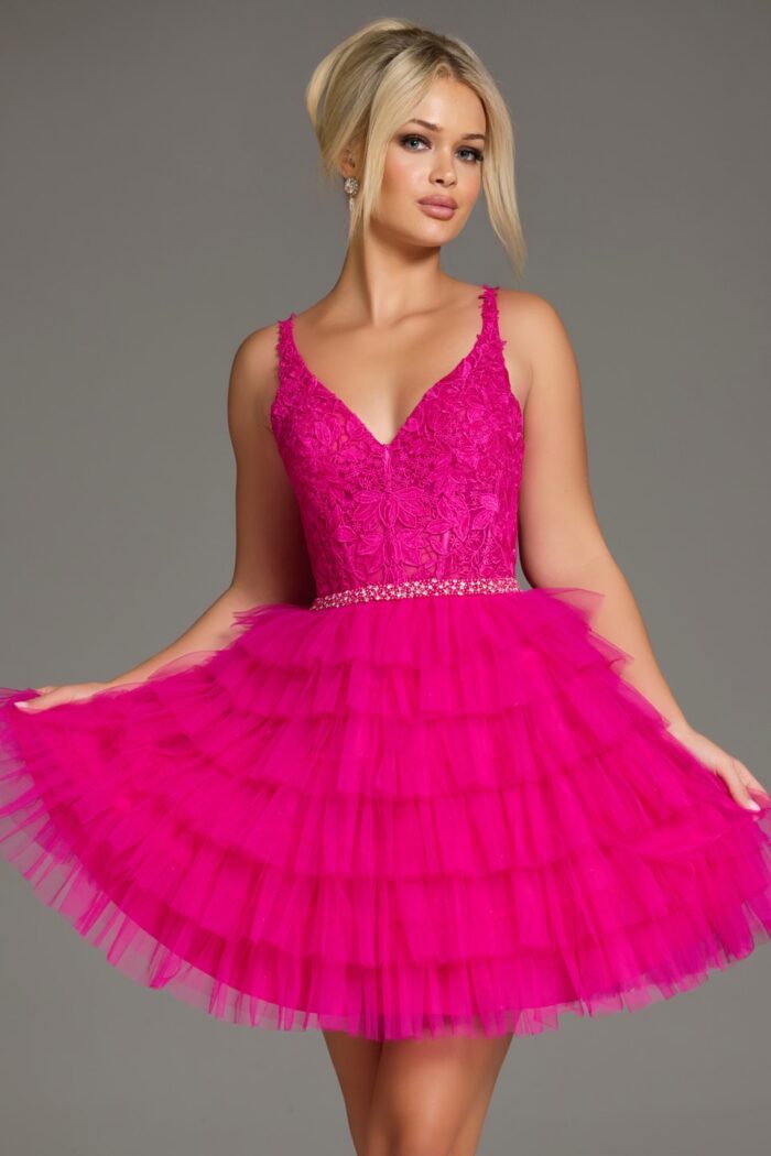 model wearing Jovani 37002, highlighting V-neckline and layered skirt