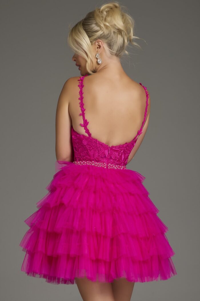 back view of Jovani 37002 showing back neckline and layered tulle skirt