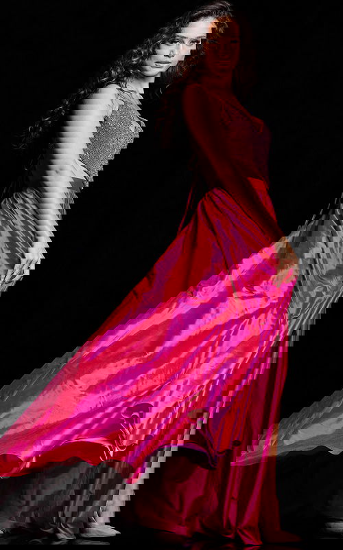 Side view of Jovani 37045 fuchsia dress with elegant flow