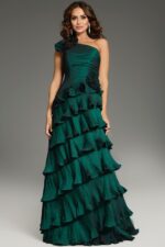 Model wearing Jovani 37065 elegant green tiered gown with one-shoulder neckline.