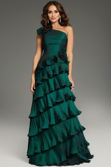 Model wearing Jovani 37065 elegant green tiered gown with one-shoulder neckline.