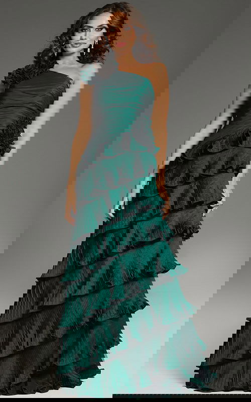 Model wearing Jovani 37065 elegant green tiered gown with one-shoulder neckline.