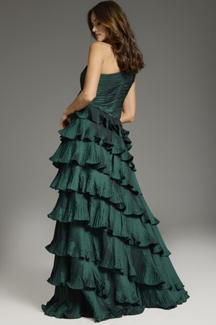 Back view of Jovani 37065 green gown, showcasing elegant tiered layers.