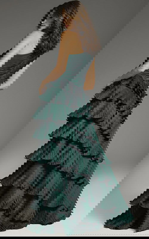 Back view of Jovani 37065 green gown, showcasing elegant tiered layers.