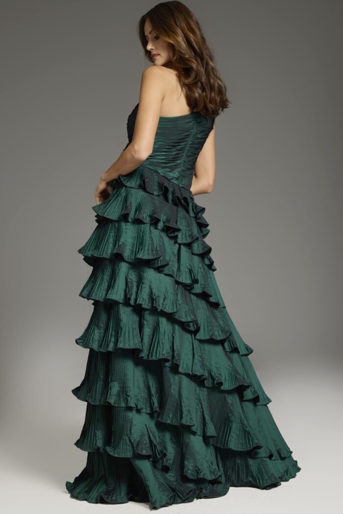 Back view of Jovani 37065 green gown, showcasing elegant tiered layers.