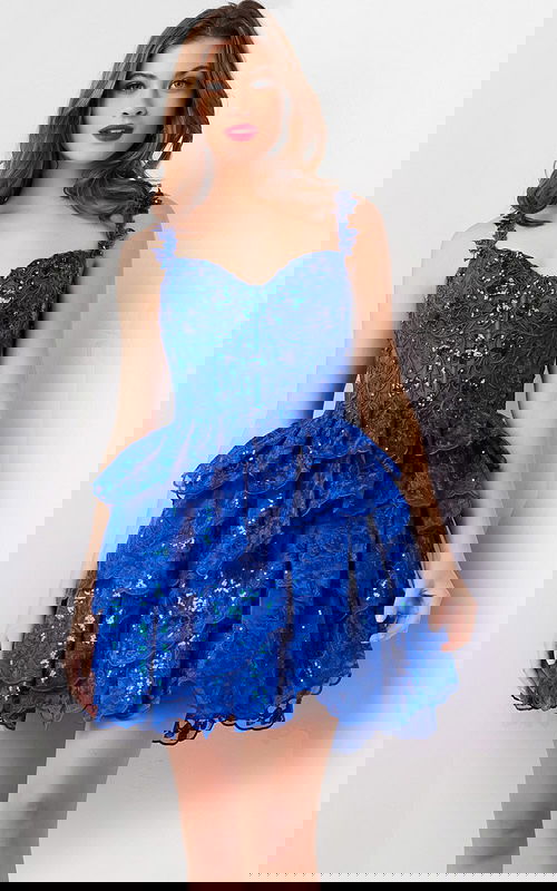 model wearing Jovani 37080 royal blue dress with lace and ruffles