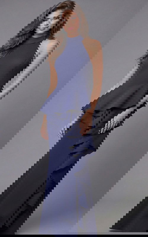 blue peplum halter neck dress