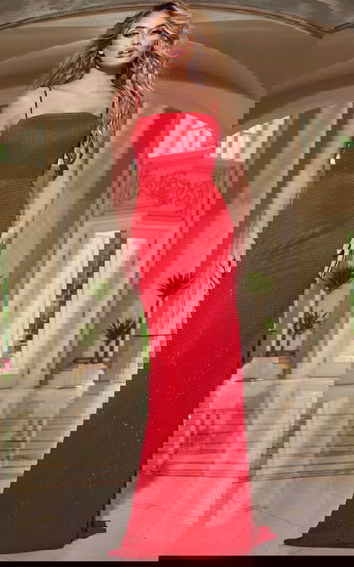 Model wearing Jovani 37092 stunning red evening gown front view