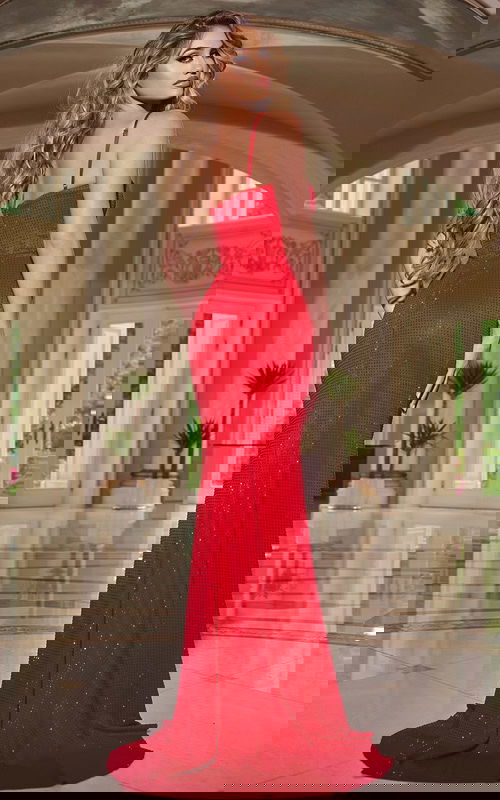 Model wearing Jovani 37092 stunning red evening gown back view