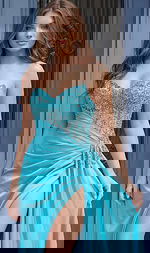 blue beaded bodice high slit dress 37094