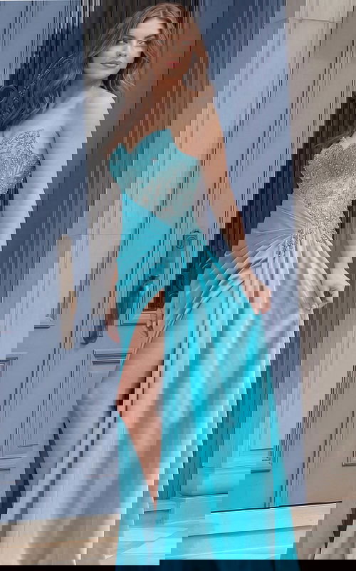 blue high slit sweetheart neckline dress 37094