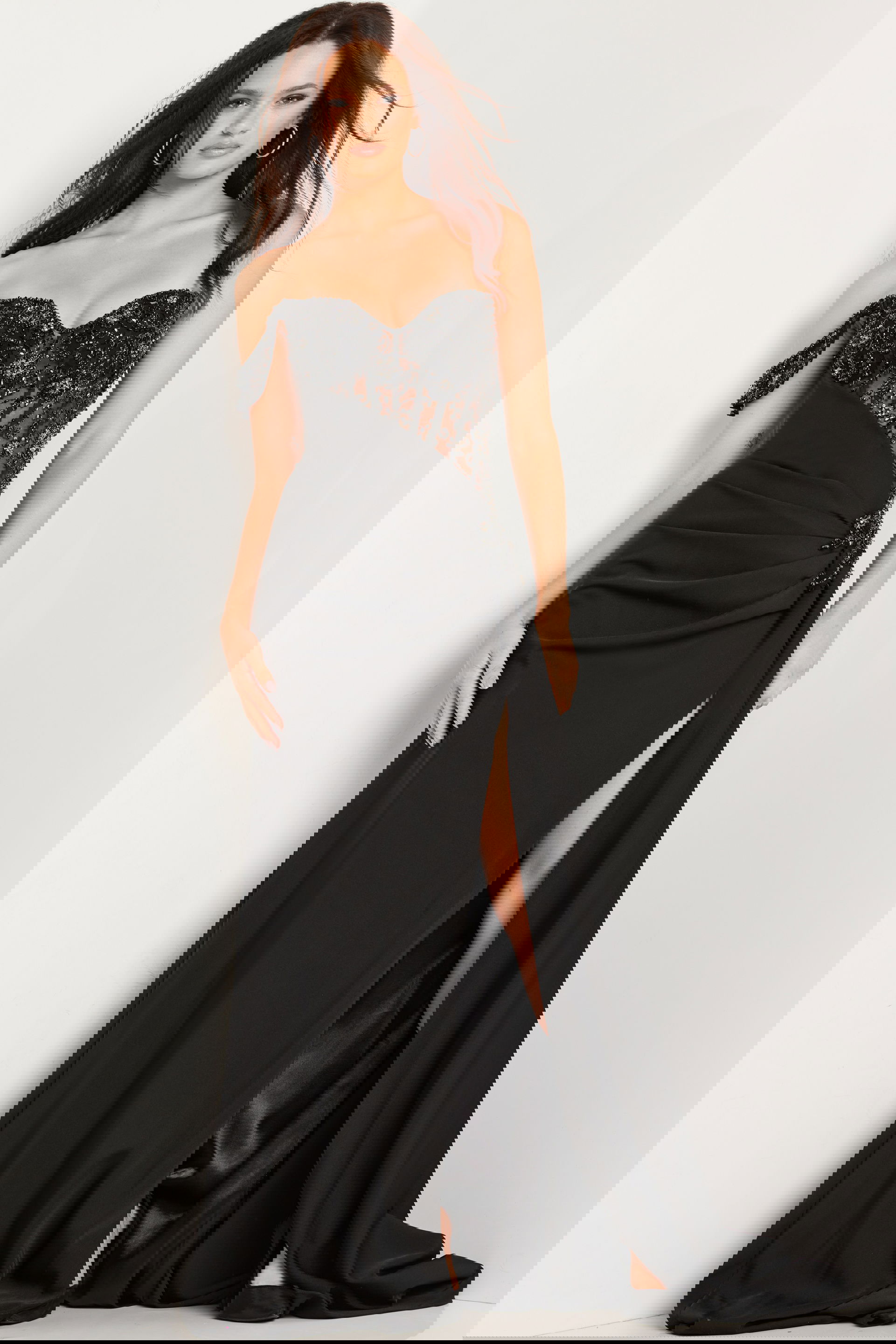 37094_black.jpg Model wearing Jovani 37094 black gown, front view