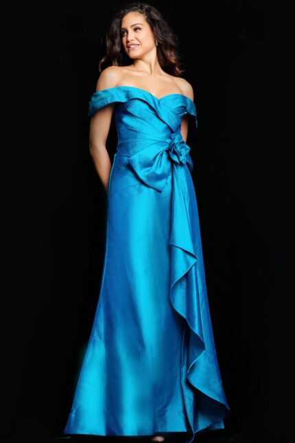 Model wearing Jovani 37098 gown with off-the-shoulder neckline and floral embellishment.