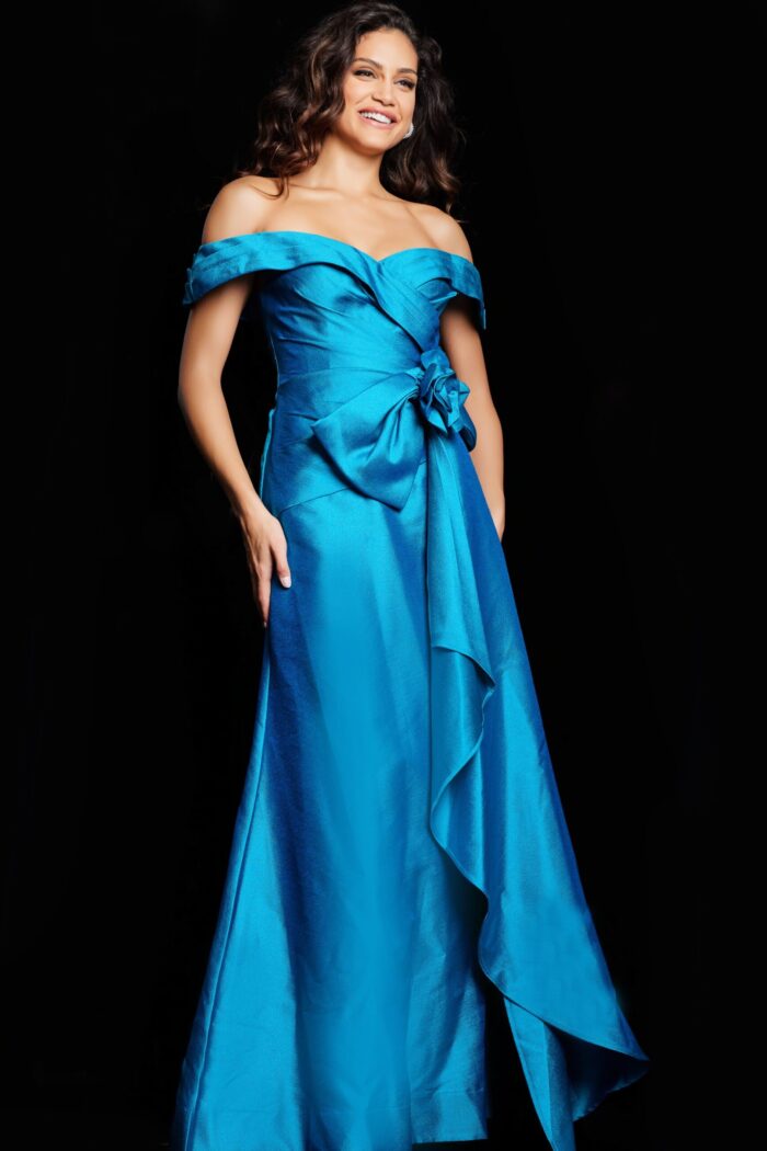 Model wearing Jovani 37098 showing off-the-shoulder neckline and A-line silhouette.