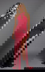 red high slit dress with ruched bodice 37143