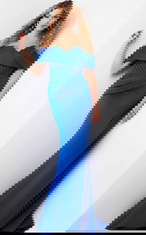 Model wearing Jovani 37148 royal blue dress with off-the-shoulder neckline.