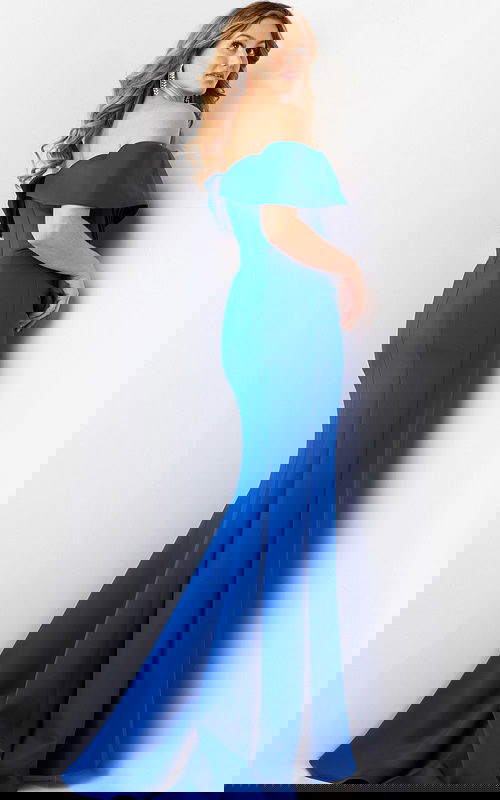 Back view of the Jovani 37148 royal blue dress with off-the-shoulder detail.