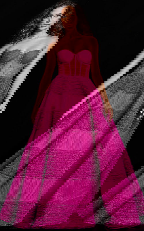 Model wearing Jovani 37157, full-length gown with sweetheart neckline in pink, front view.