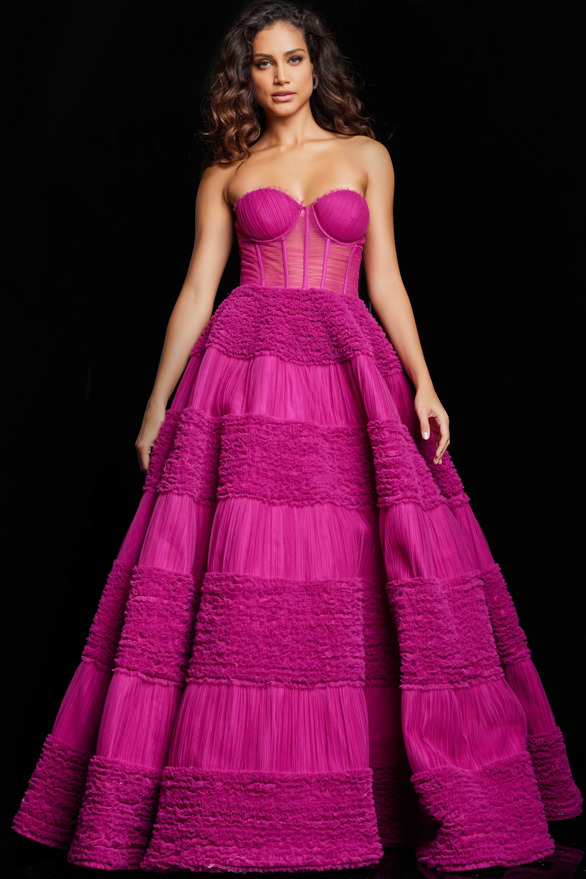 37157_RASPBERRY_30.jpg Model wearing Jovani 37157, full-length gown with sweetheart neckline in pink, front view.