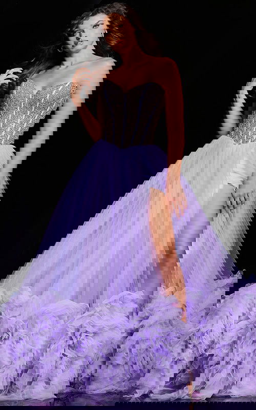 Model wearing Jovani 37199 lilac ball gown with high slit and sweetheart neckline from the front.