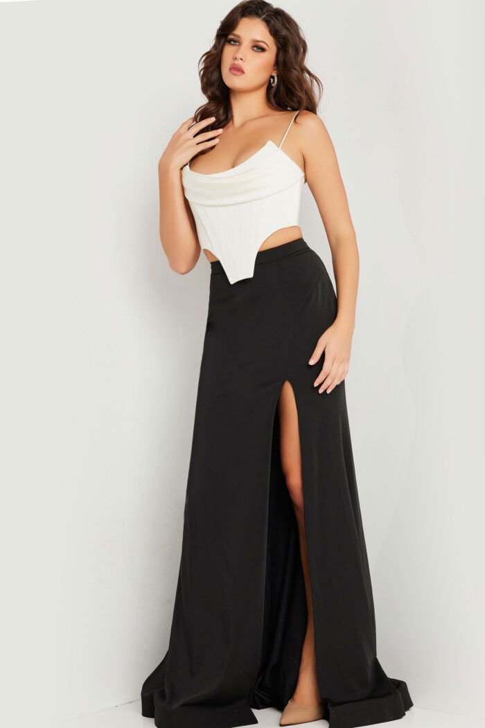 Model wearing Jovani 37234 white dress featuring a cowl neckline and high slit, front view.