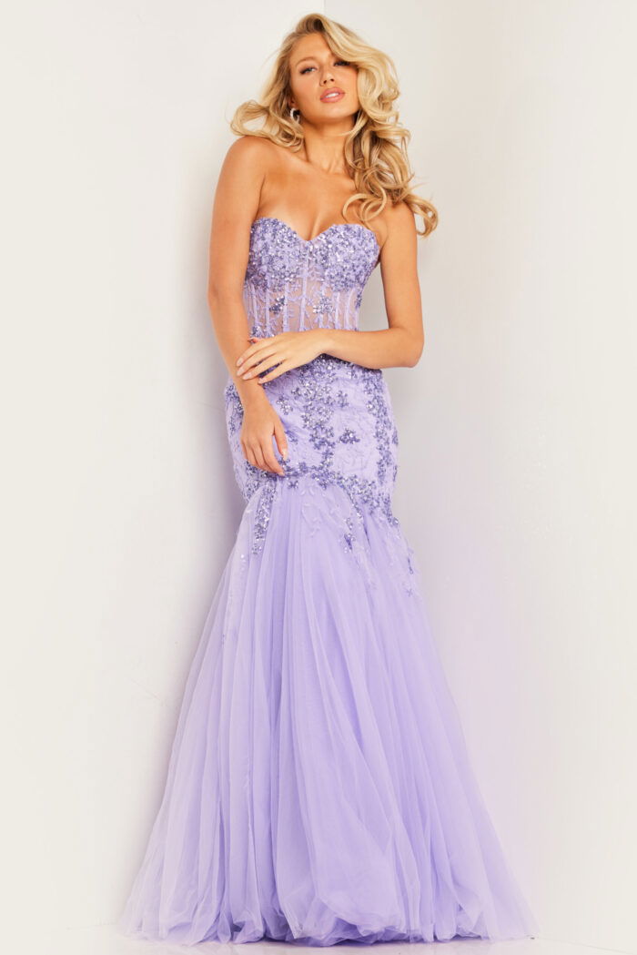 Close-up of Jovani 37249 dress' embroidery details on lilac fabric.