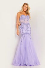 Model showcasing Jovani 37249 lilac dress from the front with intricate embroidery.