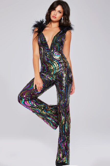 Model wearing Jovani 37276 multi-colored sequined jumpsuit with feathered shoulders, dynamic pose.