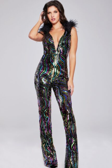 Model wearing Jovani 37276 multi-colored sequined jumpsuit with feathered shoulders, front view.