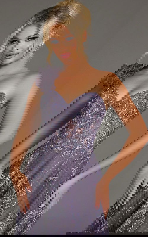 Model wearing Jovani 37353 navy gown, close-up front view focusing on the corset-style bodice and ruffled shoulder strap.