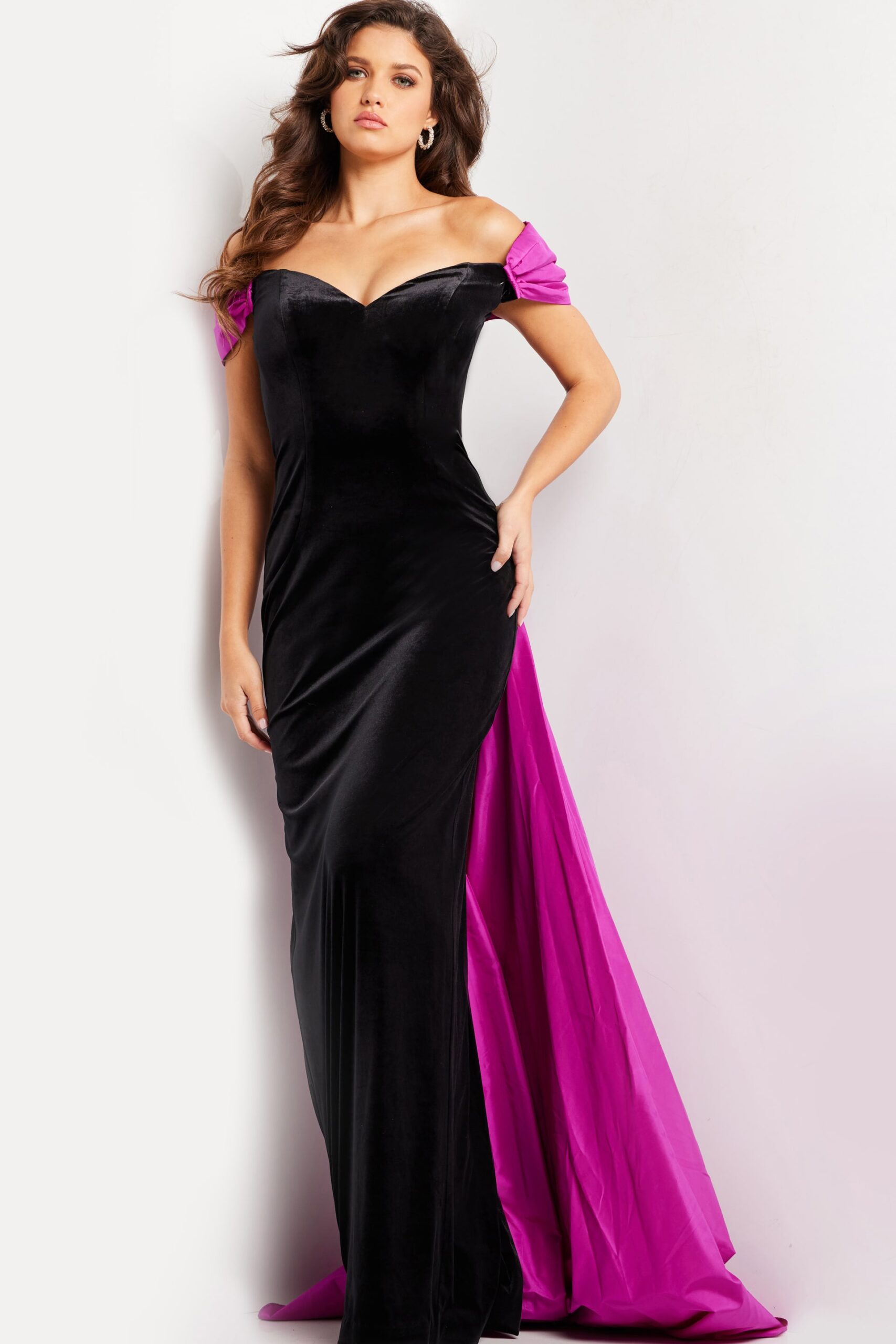 Black Fuchsia Velvet Off the Shoulder Dress 37375 Jovani