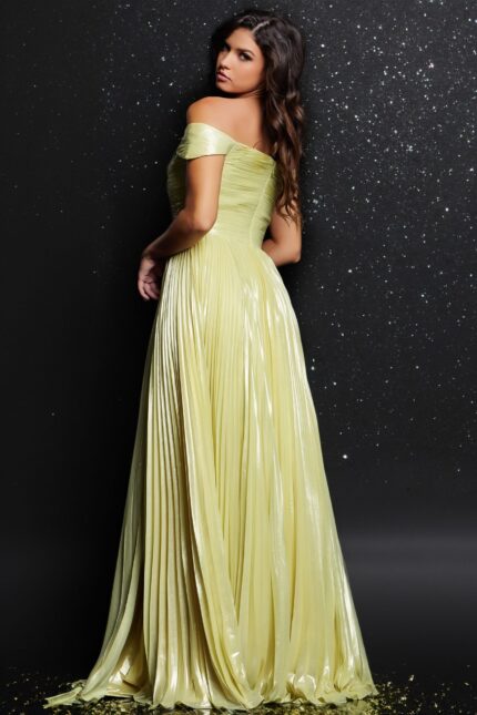 Back view of Jovani 37389 yellow gown highlighting exquisite pleats