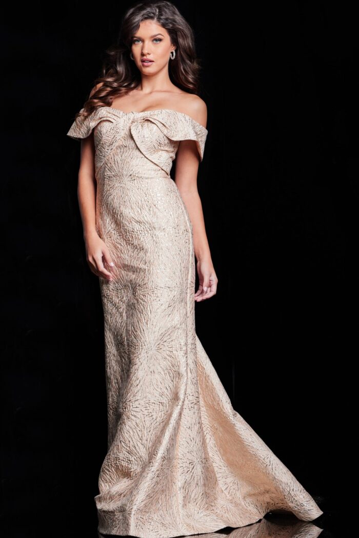 Model wearing Jovani 37394, beige off-the-shoulder gown, full-length front view.