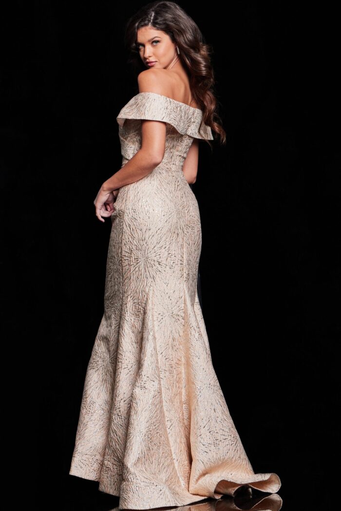 Model wearing Jovani 37394, beige off-the-shoulder gown, back view.