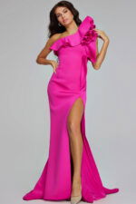 Front view of model in Jovani 37400 fuchsia gown with ruffles.