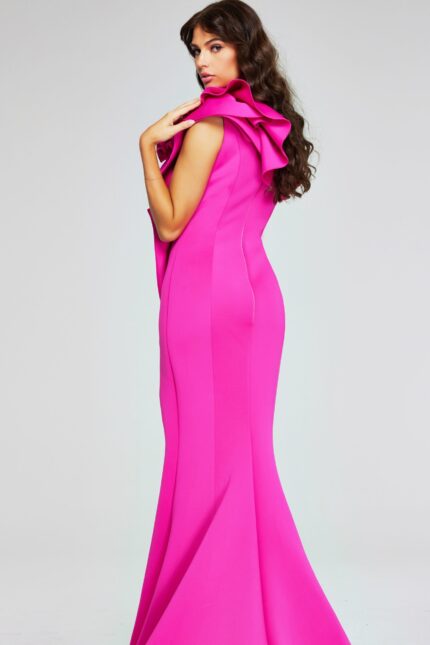 Back view of model in Jovani 37400 fuchsia gown with elegant design.