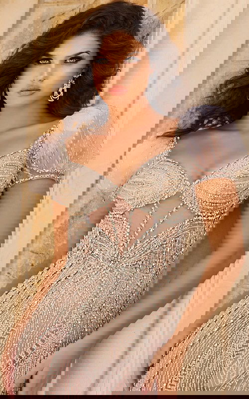 Close-up of model in Jovani 37401 gown showcasing sweetheart neckline.