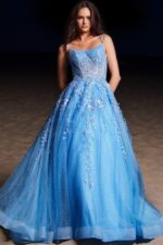Back view of Jovani 37421, royal blue ball gown showcasing intricate floral embroidery.