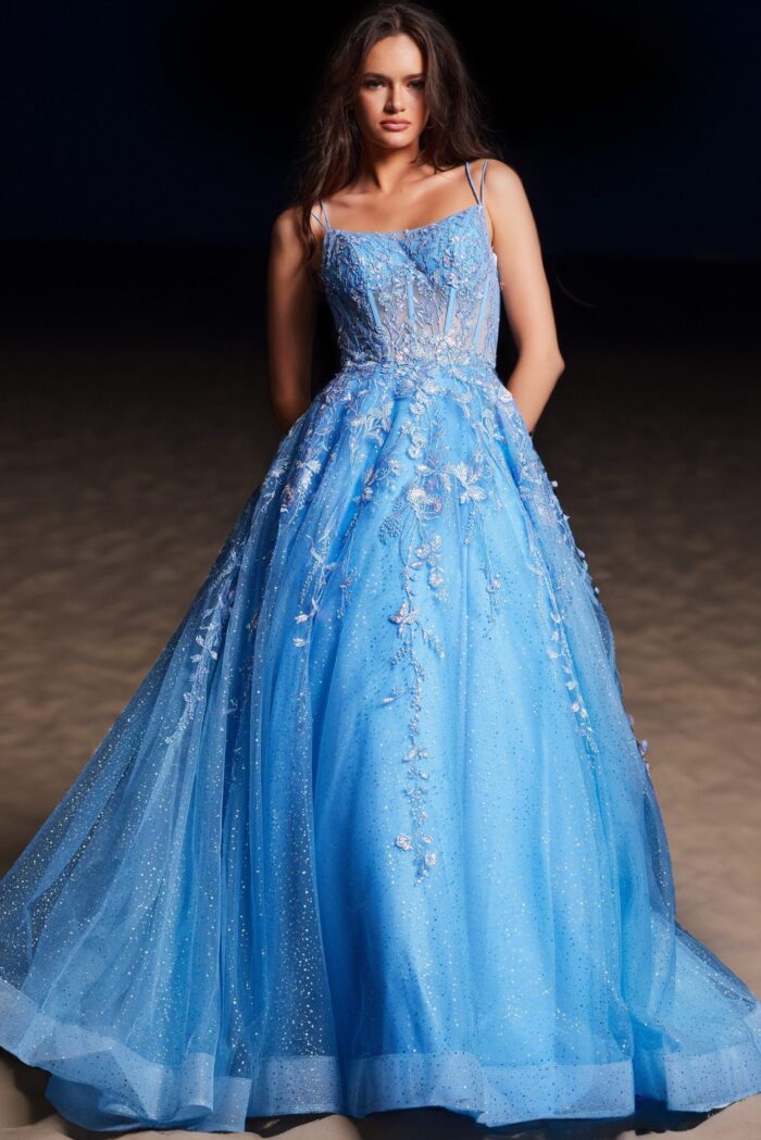 Back view of Jovani 37421, royal blue ball gown showcasing intricate floral embroidery.