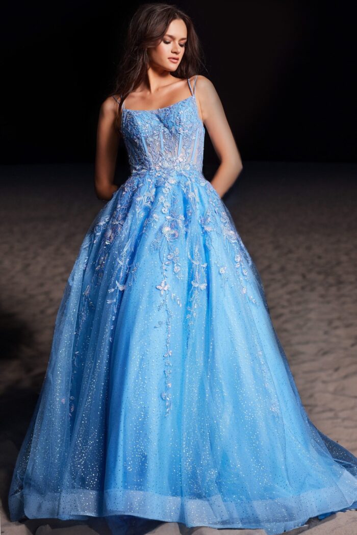 Front view of Jovani 37421, a royal blue ball gown featuring a scoop neckline and floral embroidery.