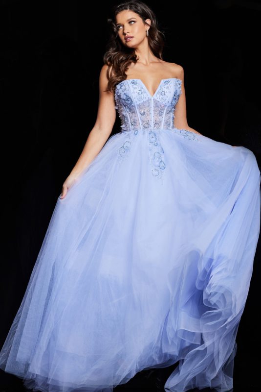 Model wearing Jovani 37460 light purple ball gown with sweetheart neckline, front view.