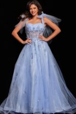 Front view of Jovani 37466 light purple gown with glittering floral appliqués.