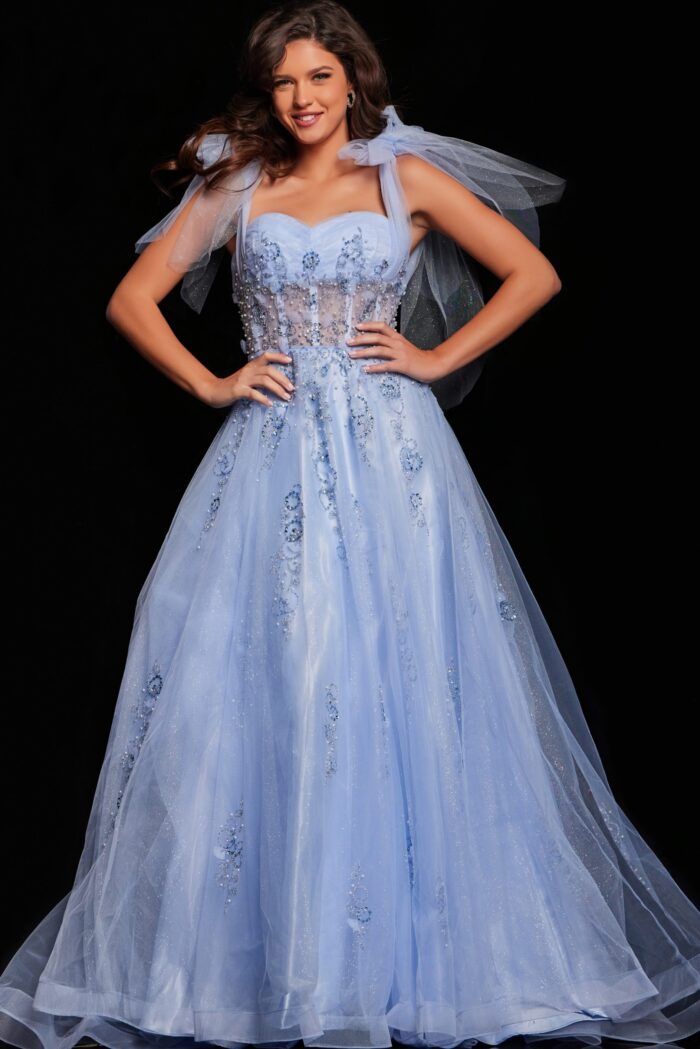 Front view of Jovani 37466 light purple gown with glittering floral appliqués.