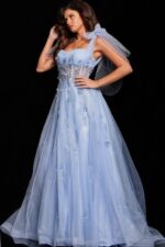 Jovani 37466 gown in light purple, showcasing sweetheart neckline and tulle shoulder bows.