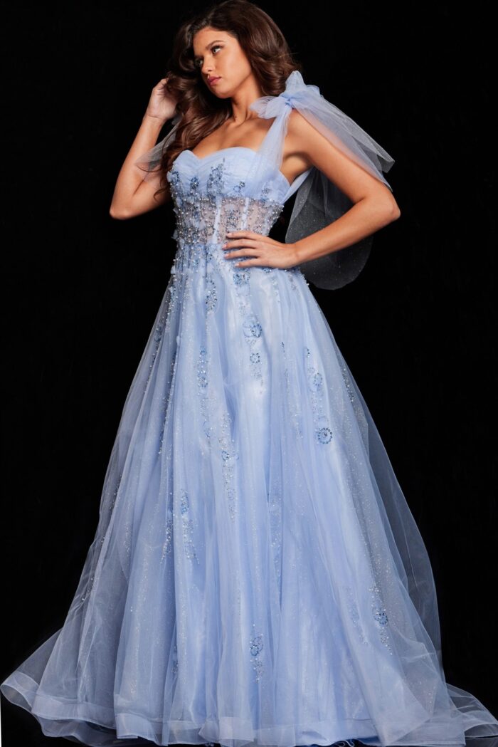 Jovani 37466 gown in light purple, showcasing sweetheart neckline and tulle shoulder bows.