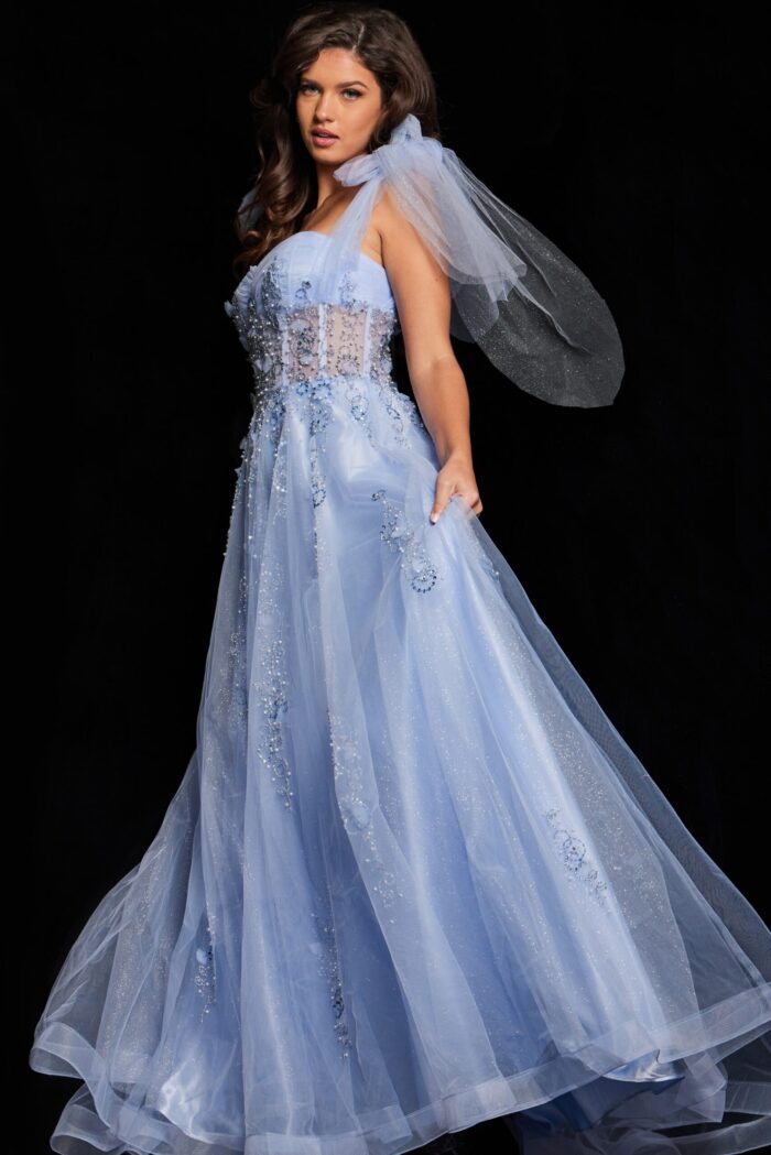 Model in Jovani 37466 light purple gown showing detailed bodice and flowing skirt.