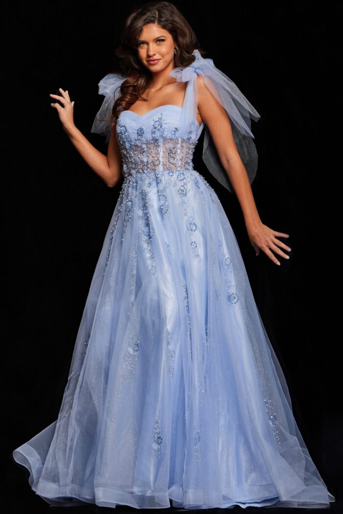 Model wearing Jovani 37466 light purple gown with sweetheart neckline and tulle bows.