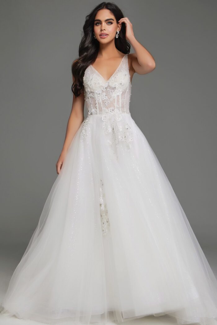 Model in Jovani 37468 dress, front view, displaying elegant V-neckline and tulle gown.