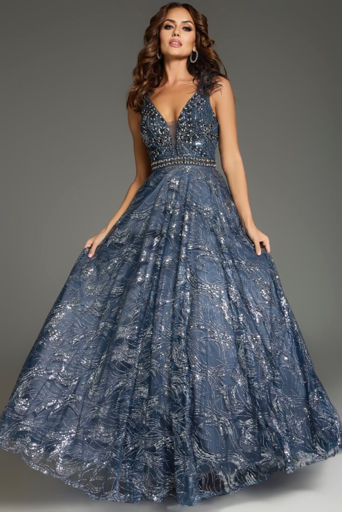 Model wearing Jovani 37551 gown with intricate beadwork on the front