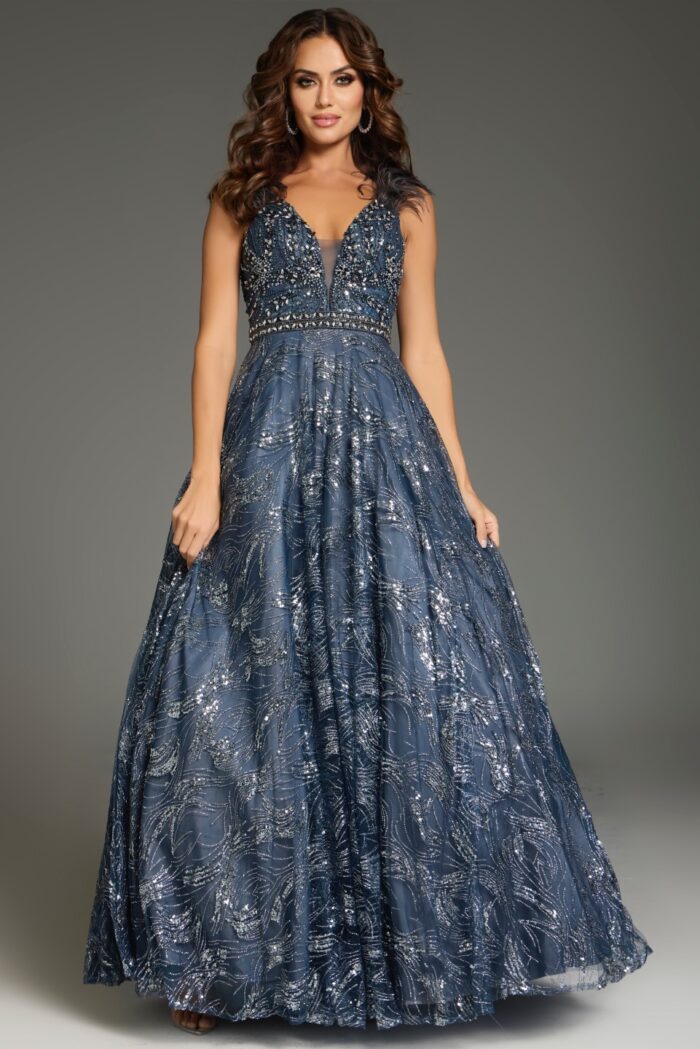 Model wearing Jovani 37551 gown with deep V-neck in gray color, showcasing front view